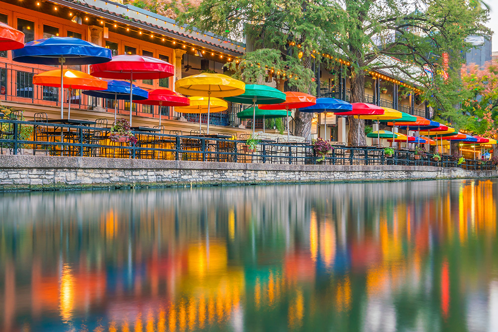 Colotful umbrellas on riverwalk San Antonio